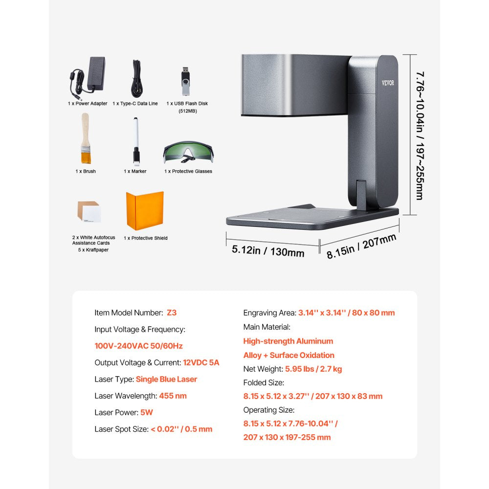Z3 - 5W Laser Engraver, 80mm Area, Portable & Durable Design