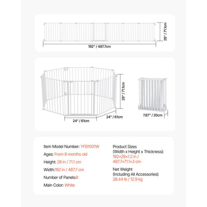 YFB1001W - 8-Panel Foldable Baby Gate, 192in x 28in, Secure Access