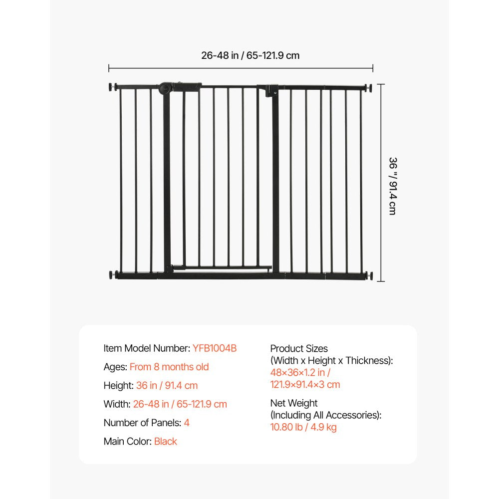 YFB1004B - 36” High Adjustable Baby Gate, 26-48” Wide, Auto-Close