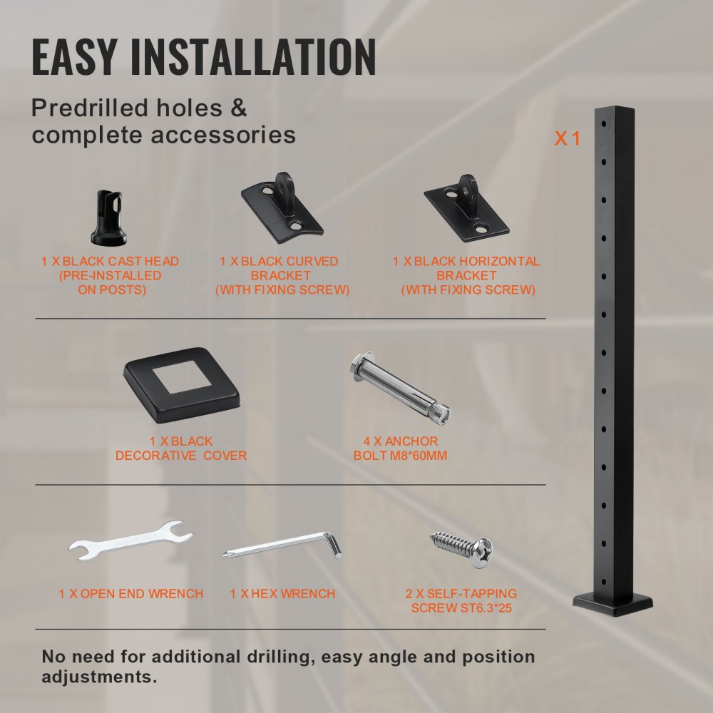 VV-106.7x5x5-LGZYK - 42" Stainless Steel Cable Railing Post with Adjustable Bracket