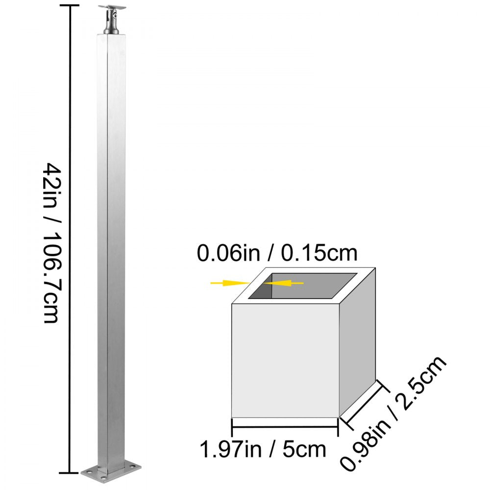 VV-106.7x2.5x5-LGZWKSLIVER - 42" Stainless Steel Cable Railing Post with Adjustable Bracket