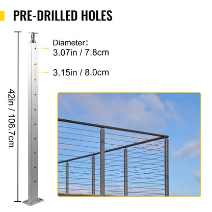 VV-106.7x2.5x5-LGZYKSLIVER - 42" Adjustable Stainless Steel Cable Railing Post