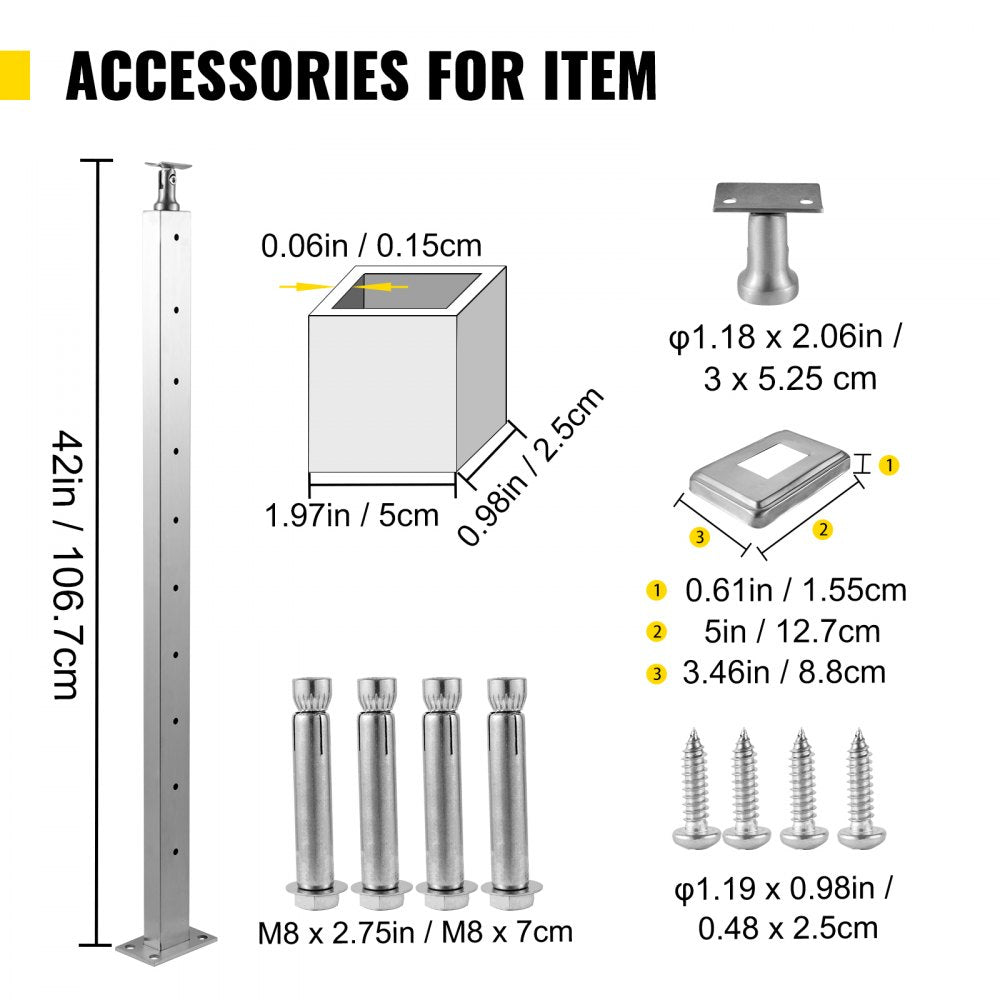 VV-106.7x2.5x5-LGZYKSLIVER - 42" Adjustable Stainless Steel Cable Railing Post