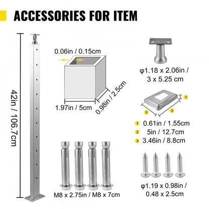 VV-106.7x2.5x5-LGZYKSLIVER - 42" Adjustable Stainless Steel Cable Railing Post
