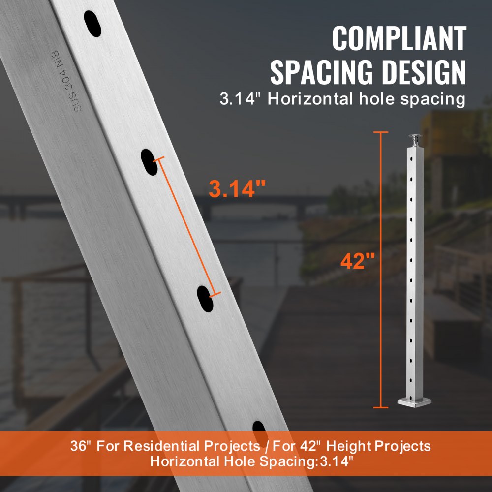 VV-106.7x5x5-LGZYKSLIVER - 42" Stainless Steel Cable Railing Post with Adjustable Bracket