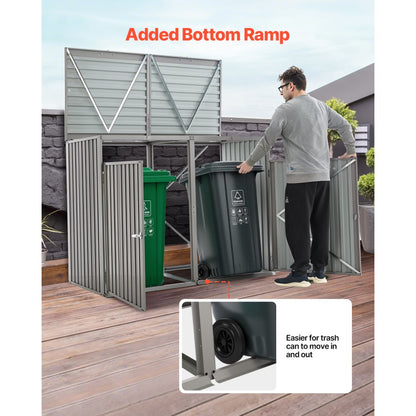 ZY-2X240L-0.23 - Galvanized Steel Trash Can Storage Shed with Locks & Ramp