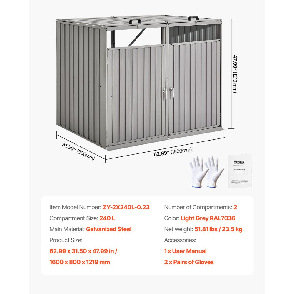 ZY-2X240L-0.23 - Galvanized Steel Trash Can Storage Shed with Locks & Ramp