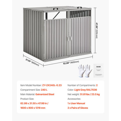 ZY-2X240L-0.23 - Galvanized Steel Trash Can Storage Shed with Locks & Ramp
