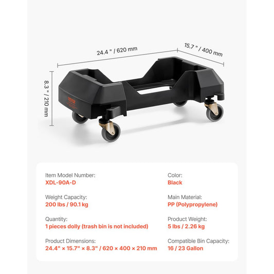 XDL-90A-D - Heavy-Duty Trash Can Dolly with 3" Swivel Wheels