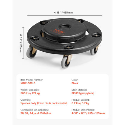 XDW-007-C - 500lbs Trash Can Dolly for 20-55 Gallon Bins