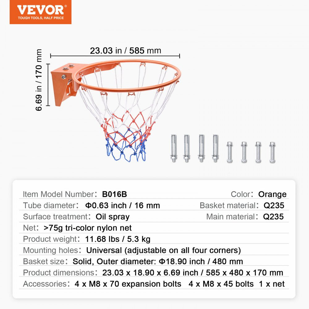 B016B - Durable 18" VEVOR Basketball Rim for Indoor/Outdoor Use