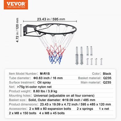M-R1S - Durable 18" VEVOR Steel Basketball Rim for Indoor/Outdoor Play