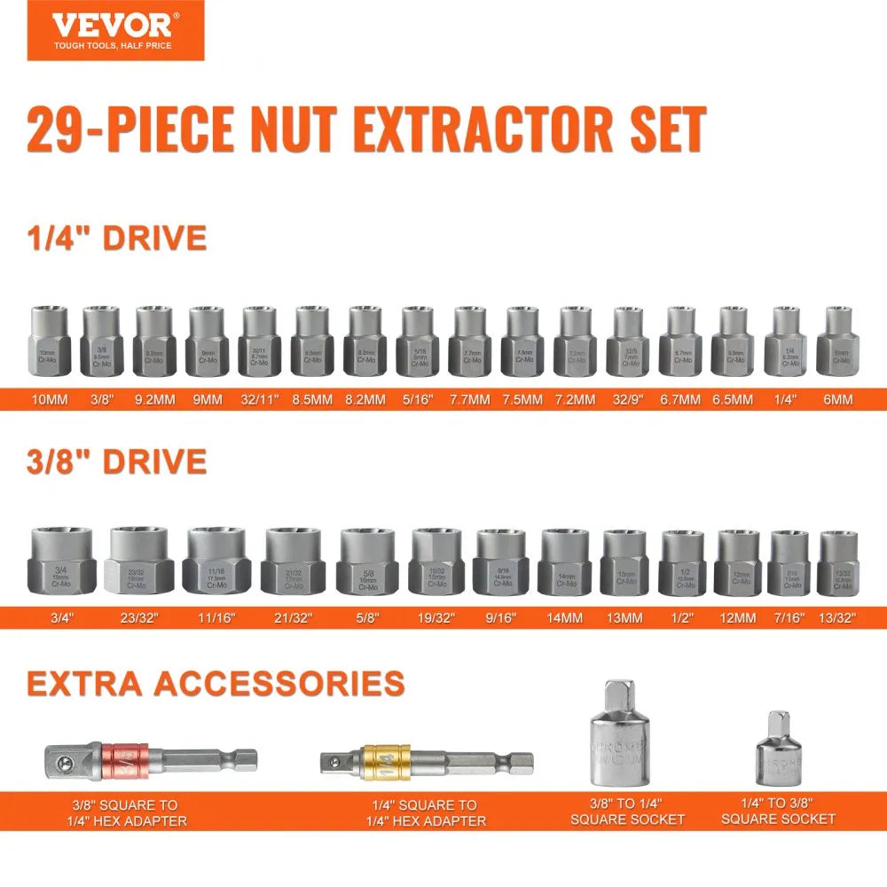 YM-29 - 29-Piece Bolt Extractor Set, Durable CR-MO Steel, 6mm to 3/4"