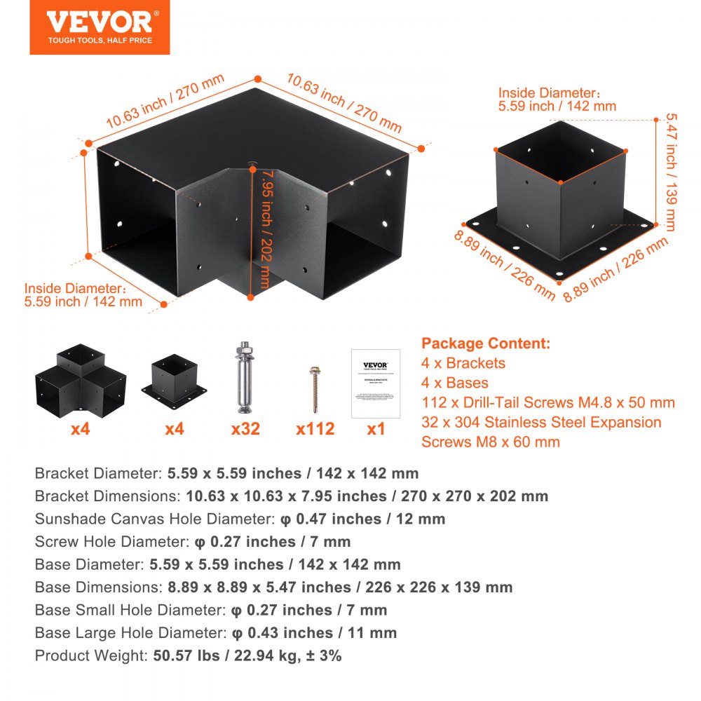 SSB4D4 - 6"x6" Carbon Steel Pergola Bracket Kit, Durable & Stable
