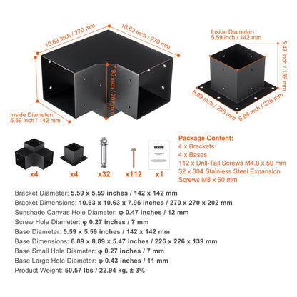 SSB4D4 - 6"x6" Carbon Steel Pergola Bracket Kit, Durable & Stable
