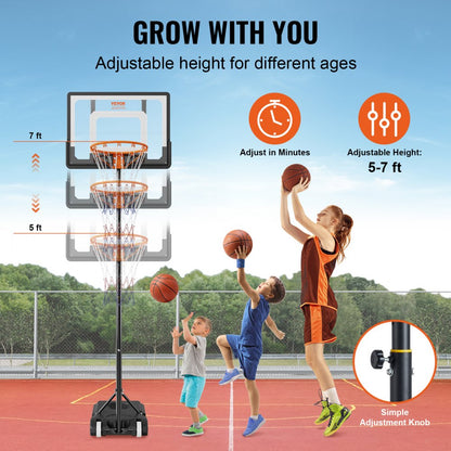 M0182 - 5-7 ft Adjustable Basketball Hoop with Wheels and Durable Base