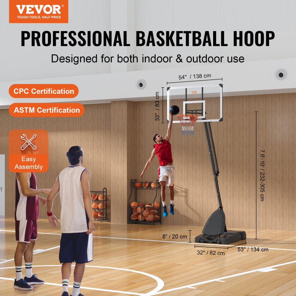 B016B - Adjustable 54" Basketball Hoop, 7.6-10 ft, Mobile Design
