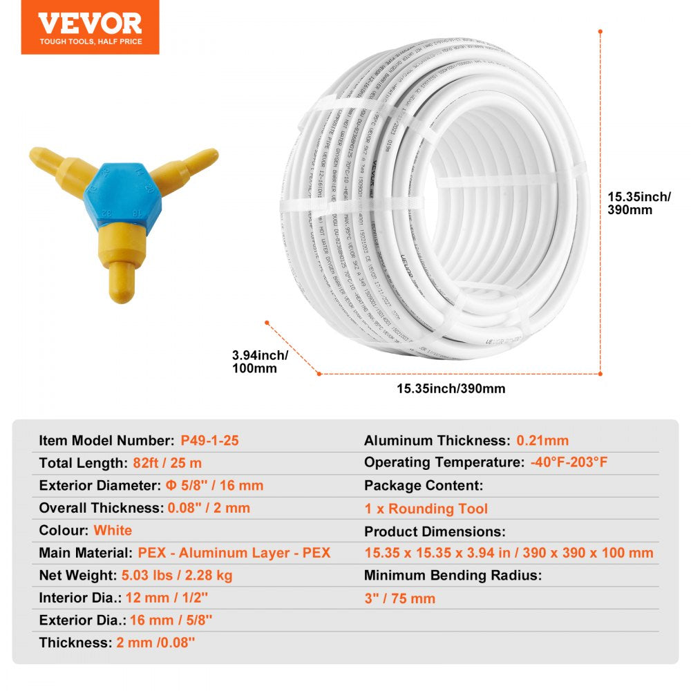 P49-1-25 - Durable 5/8'' PEX-AL-PEX Tubing for Radiant Heating, 82ft