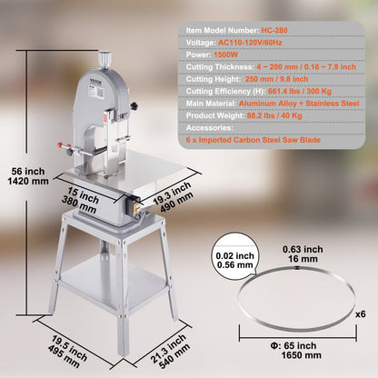 HC-280 - 1500W Stainless Steel Meat Bandsaw for Efficient Bone Cutting