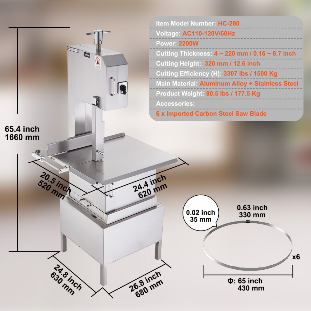YF-400A - Stainless Steel Meat Bandsaw with 0.16-8.7" Adjustable Thickness