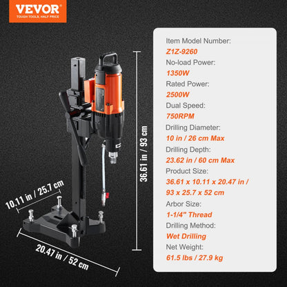 Z1Z-9260 - VEVOR 10in Diamond Core Drill for Concrete & Stone
