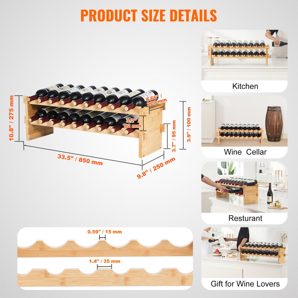 OPX-KWR218 - 33.5" Bamboo 18-Bottle Wine Rack, 2-Tier Freestanding Design