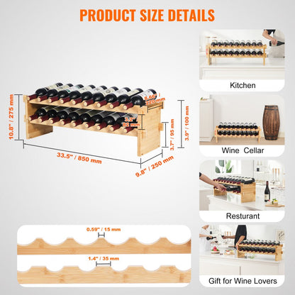 OPX-KWR218 - 33.5" Bamboo 18-Bottle Wine Rack, 2-Tier Freestanding Design
