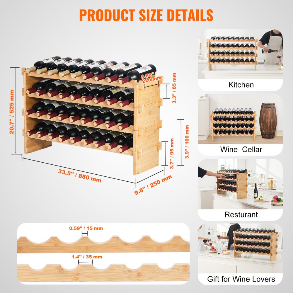 OPX-KWR436 - 33.5x9.8x20.7" Bamboo Wine Rack Holds 36 Bottles