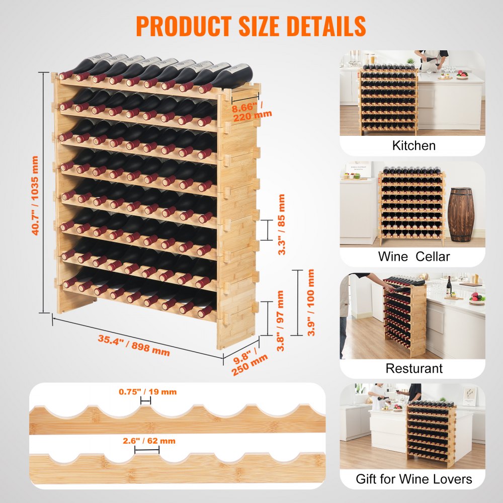 OPX-KWR872 - 35.4"x9.8"x40.7" Bamboo Wine Rack for 72 Bottles