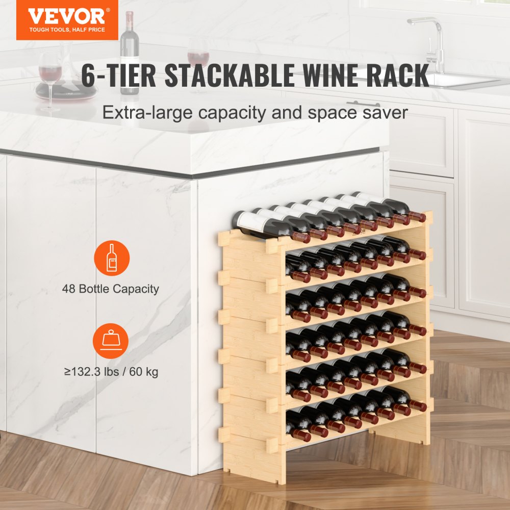 OPX-WR68NR - Stackable 6-Tier Bamboo Wine Rack for 48 Bottles
