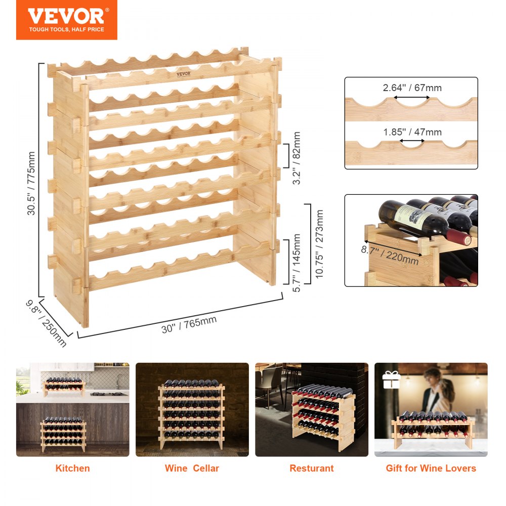 OPX-WR68NR - Stackable 6-Tier Bamboo Wine Rack for 48 Bottles