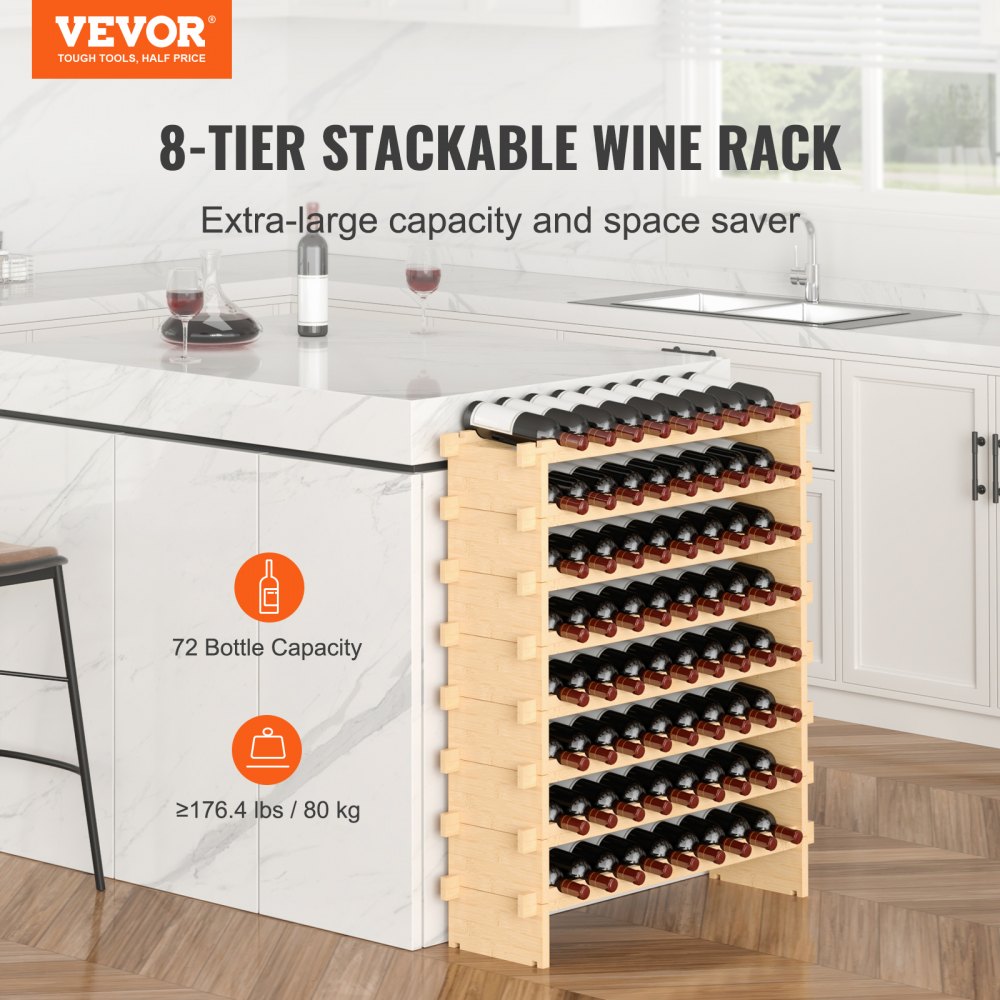 OPX-WR89NR - Elegant 8-Tier Bamboo Wine Rack for 72 Bottles