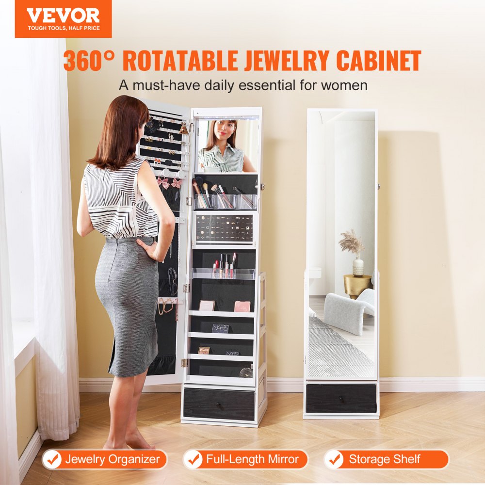 PY-2316SS - 360° Velvet-Lined Jewelry Cabinet & Makeup Mirror with LED Light