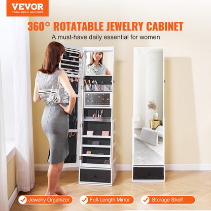 PY-2316SS - 360° Velvet-Lined Jewelry Cabinet & Makeup Mirror with LED Light