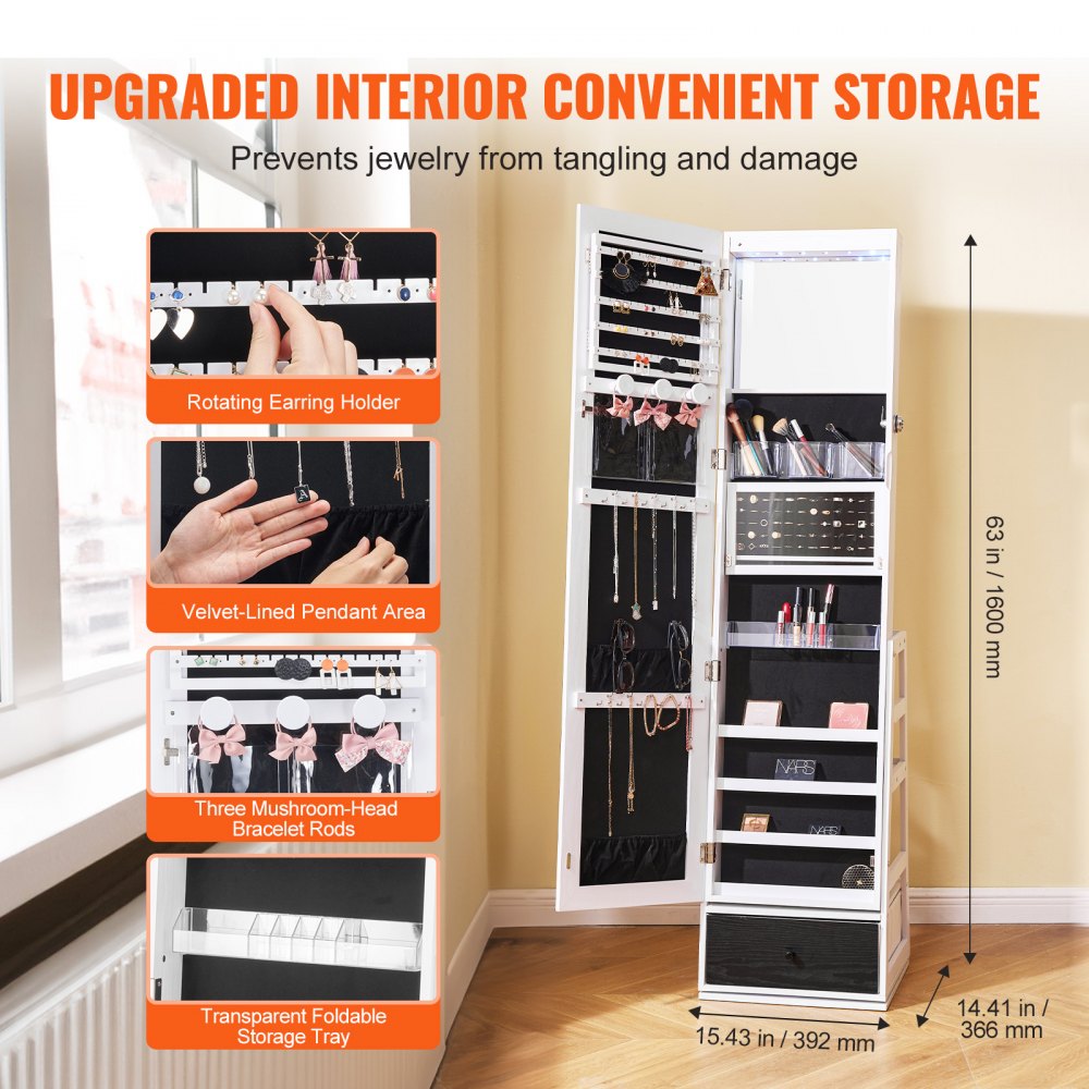 PY-2316SS - 360° Velvet-Lined Jewelry Cabinet & Makeup Mirror with LED Light