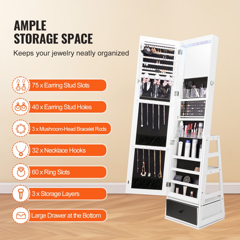 PY-2316SS - 360° Velvet-Lined Jewelry Cabinet & Makeup Mirror with LED Light