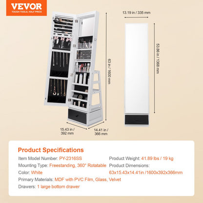 PY-2316SS - 360° Velvet-Lined Jewelry Cabinet & Makeup Mirror with LED Light