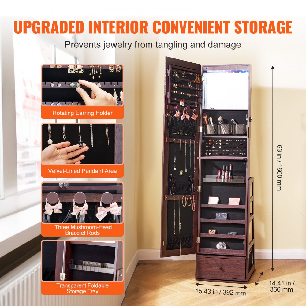 PY-2317SS - 360° Full-Length Mirror Jewelry Cabinet with Ample Storage