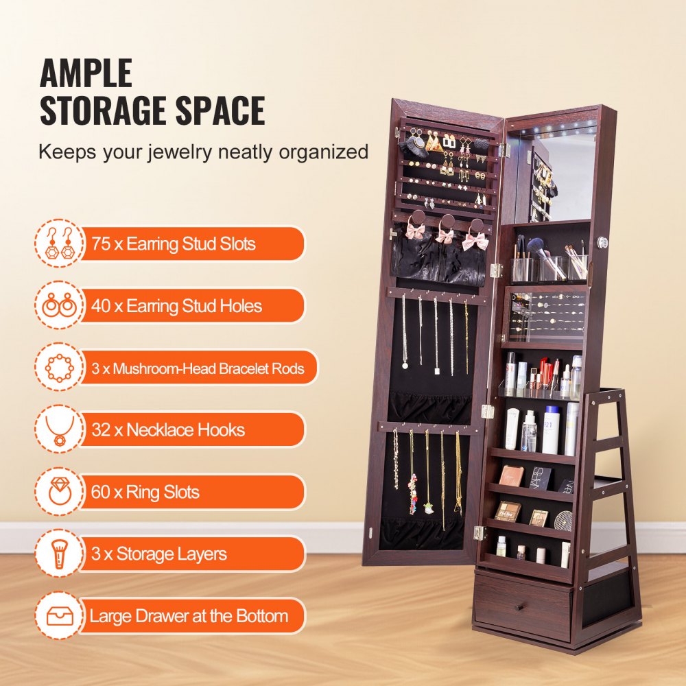 PY-2317SS - 360° Full-Length Mirror Jewelry Cabinet with Ample Storage