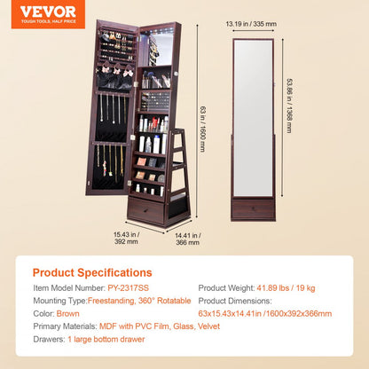 PY-2317SS - 360° Full-Length Mirror Jewelry Cabinet with Ample Storage