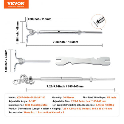 YXHF-1054+2021-1/8"-30 - T316 Stainless Steel Adjustable 1/8" Cable Railing Kit