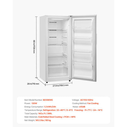 BD398WE - 14 Cu.Ft Convertible Freezer/Refrigerator, Quiet & Energy-Efficient