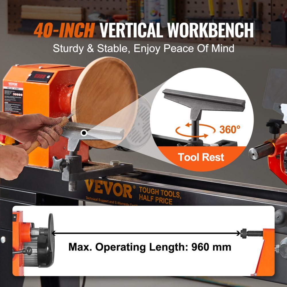 WL1000GV - VEVOR 40-Inch Wood Lathe for Precision Crafting