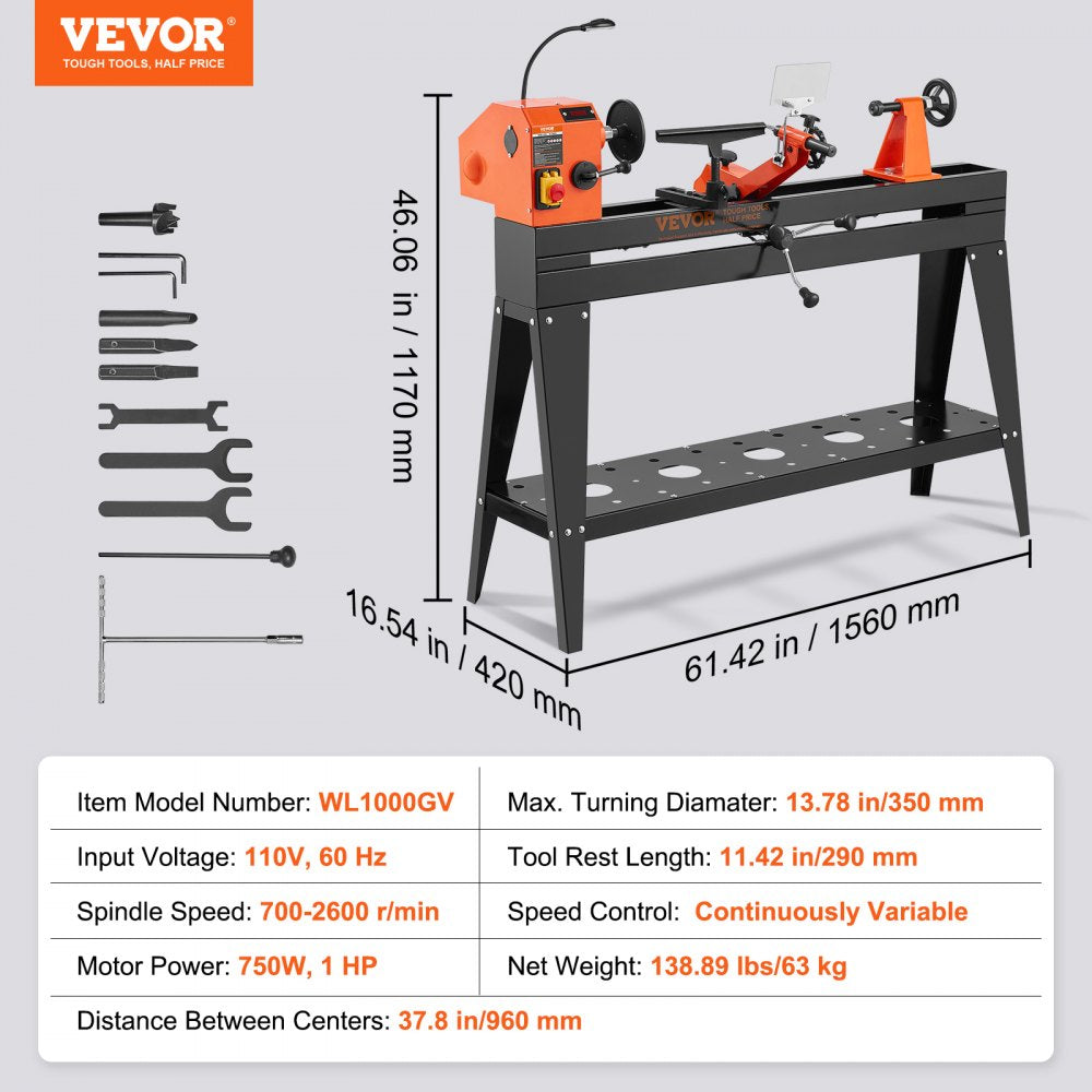 WL1000GV - VEVOR 40-Inch Wood Lathe for Precision Crafting