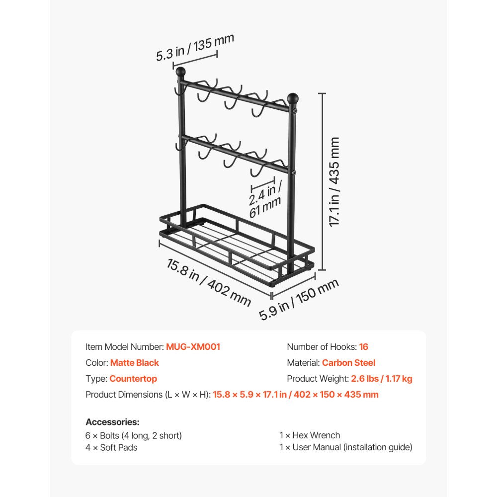 MUG-XM001 - 16-Hook Coffee Mug Holder & Storage Rack for Countertop