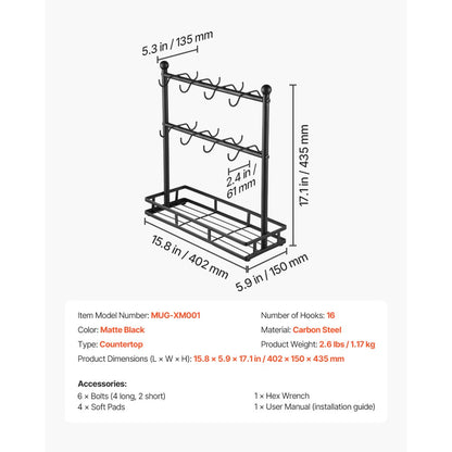 MUG-XM001 - 16-Hook Coffee Mug Holder & Storage Rack for Countertop