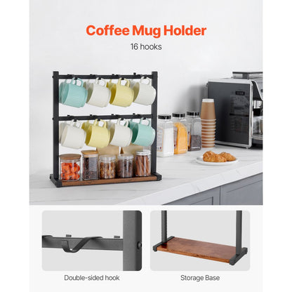 MUG-XM002 - Stylish 16 Hook Coffee Mug Rack with Wood Base Organizer