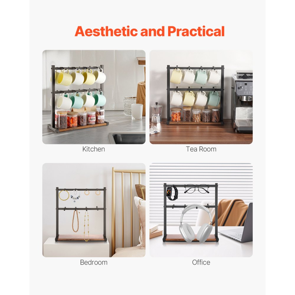 MUG-XM002 - Stylish 16 Hook Coffee Mug Rack with Wood Base Organizer