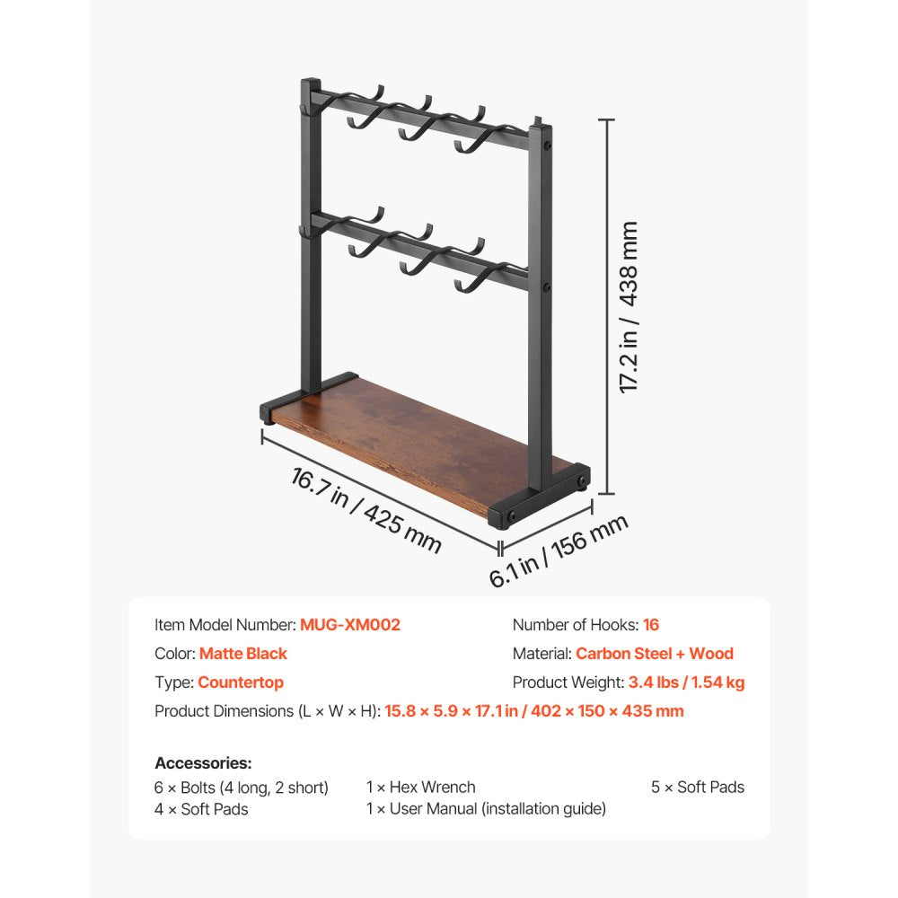 MUG-XM002 - Stylish 16 Hook Coffee Mug Rack with Wood Base Organizer