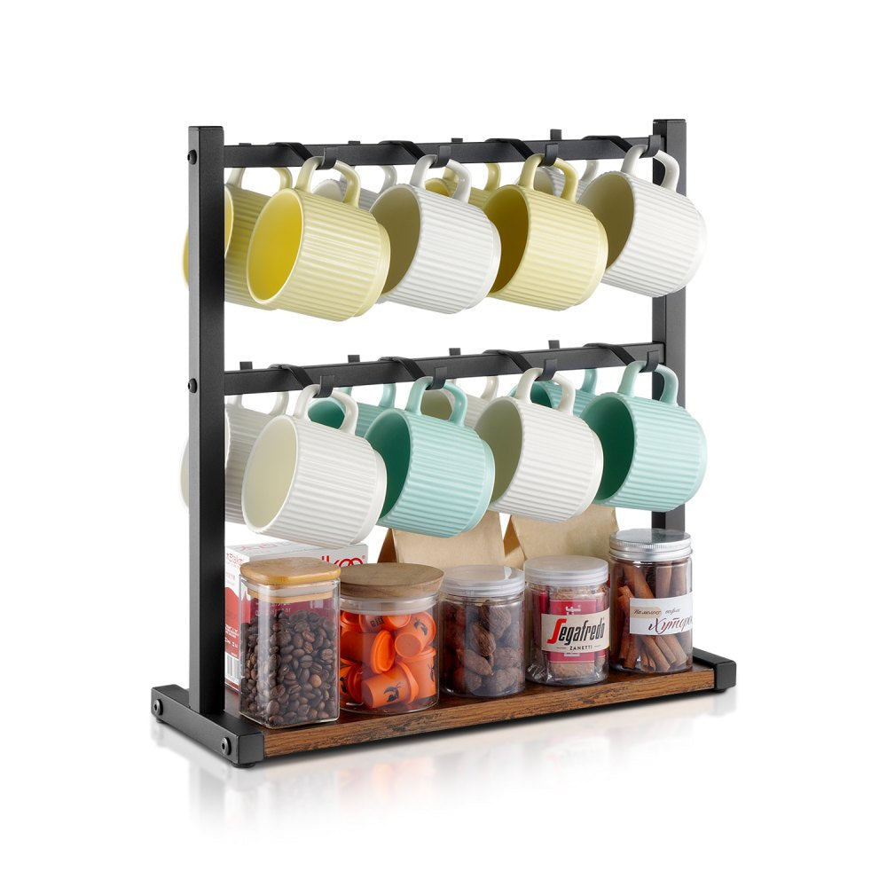 MUG-XM002 - Stylish 16 Hook Coffee Mug Rack with Wood Base Organizer